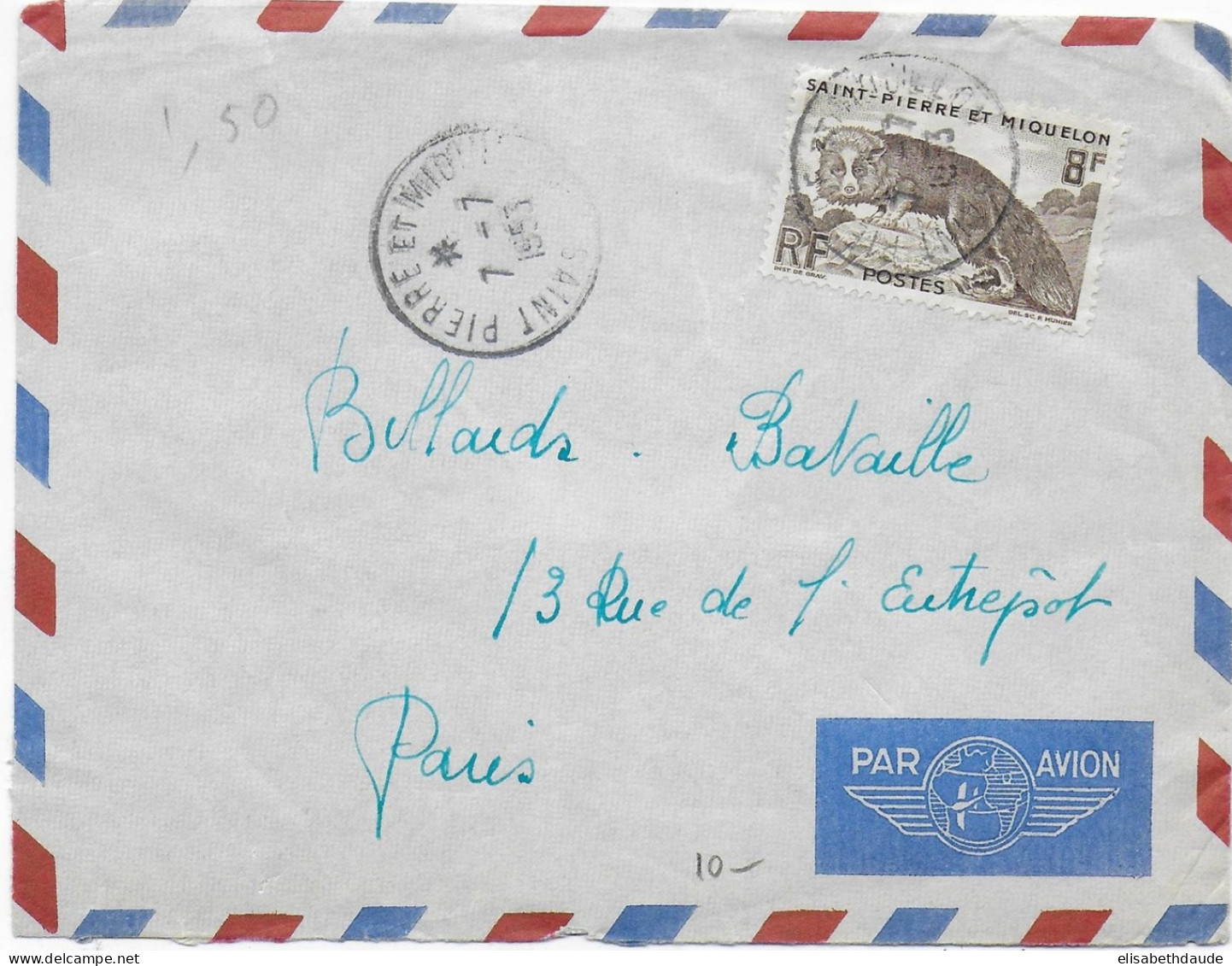 SPM - 1953 - YVERT N°345 Sur ENVELOPPE (RENARD) Par AVION De ST PIERRE ET MIQUELON => PARIS - Cartas & Documentos