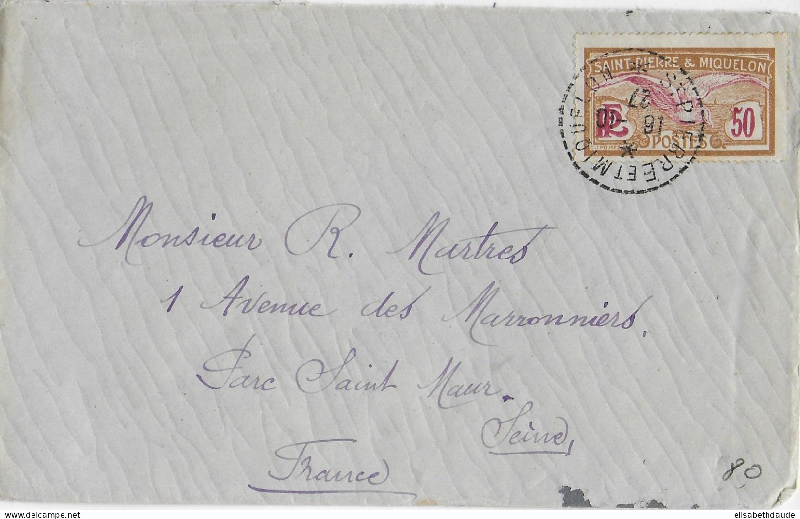 SPM - 1927 - YVERT 115 RARE SEUL Sur ENVELOPPE (COTE 2006 = 125 EUR) De ST PIERRE ET MIQUELON => ST MAUR - Brieven En Documenten
