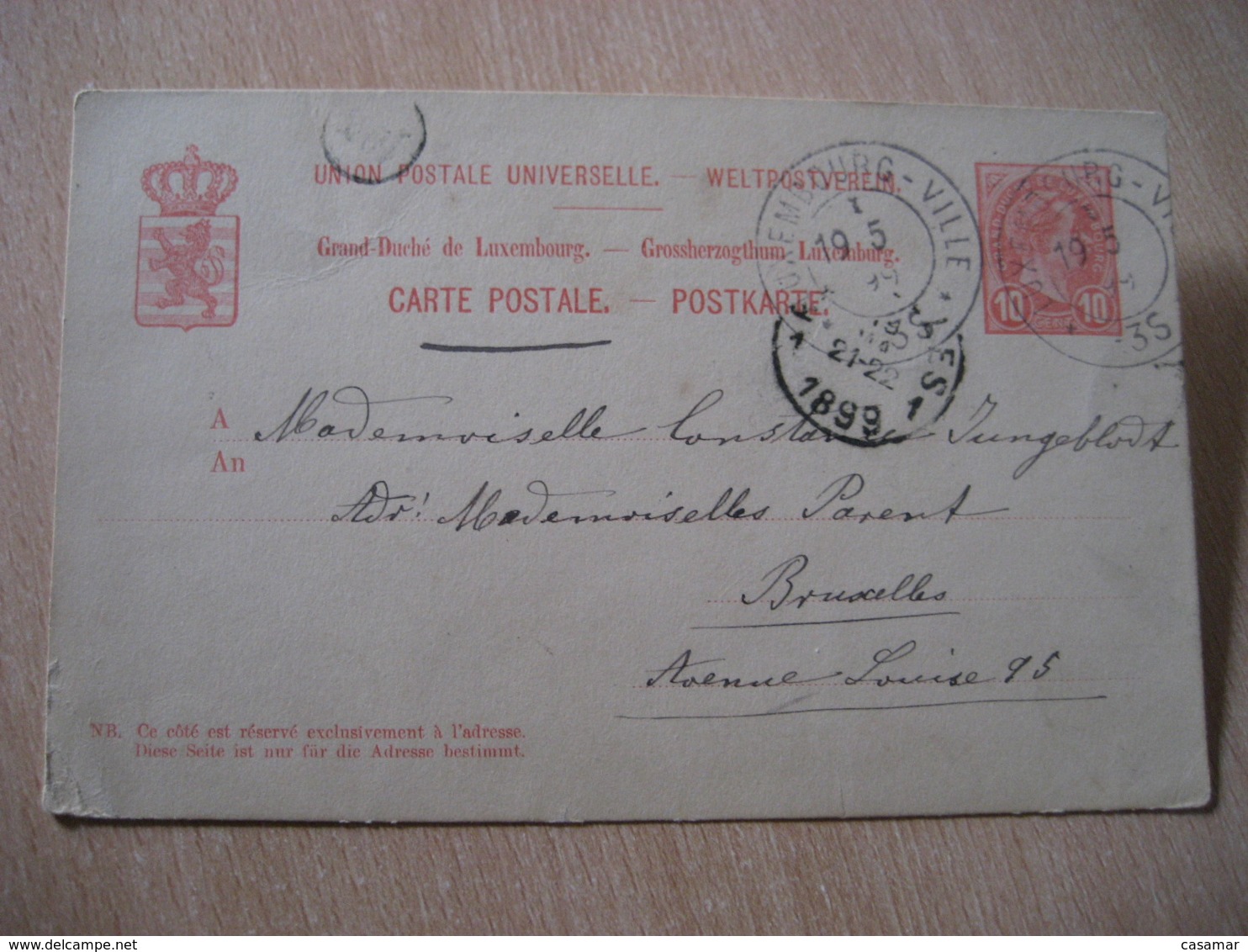 VILLE 1899 To Bruxelles Belgium Cancel Postal Stationery Card LUXEMBOURG - Other & Unclassified