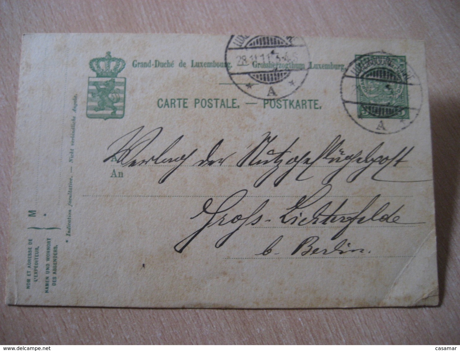 GARE 1911 To Berlin Germany Cancel Postal Stationery Card LUXEMBOURG - Other & Unclassified