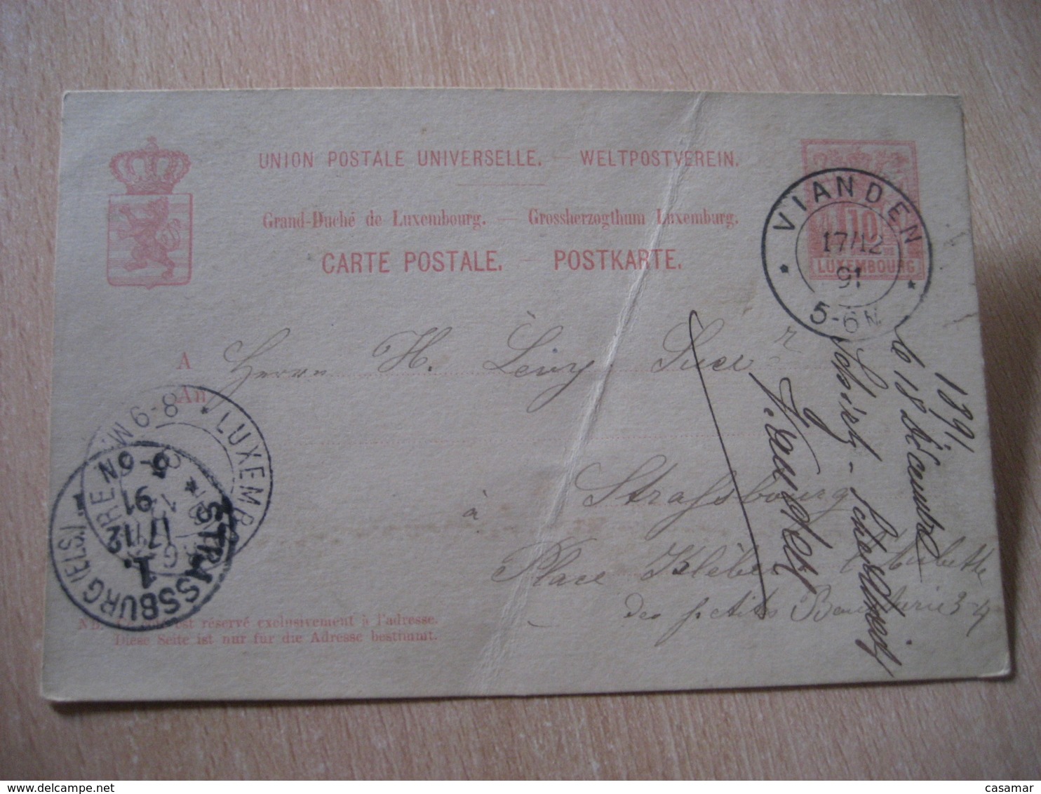 VIANDEN 1891 To Strasbourg Strassburg Germany Cancel Postal Stationery Card LUXEMBOURG - Autres & Non Classés