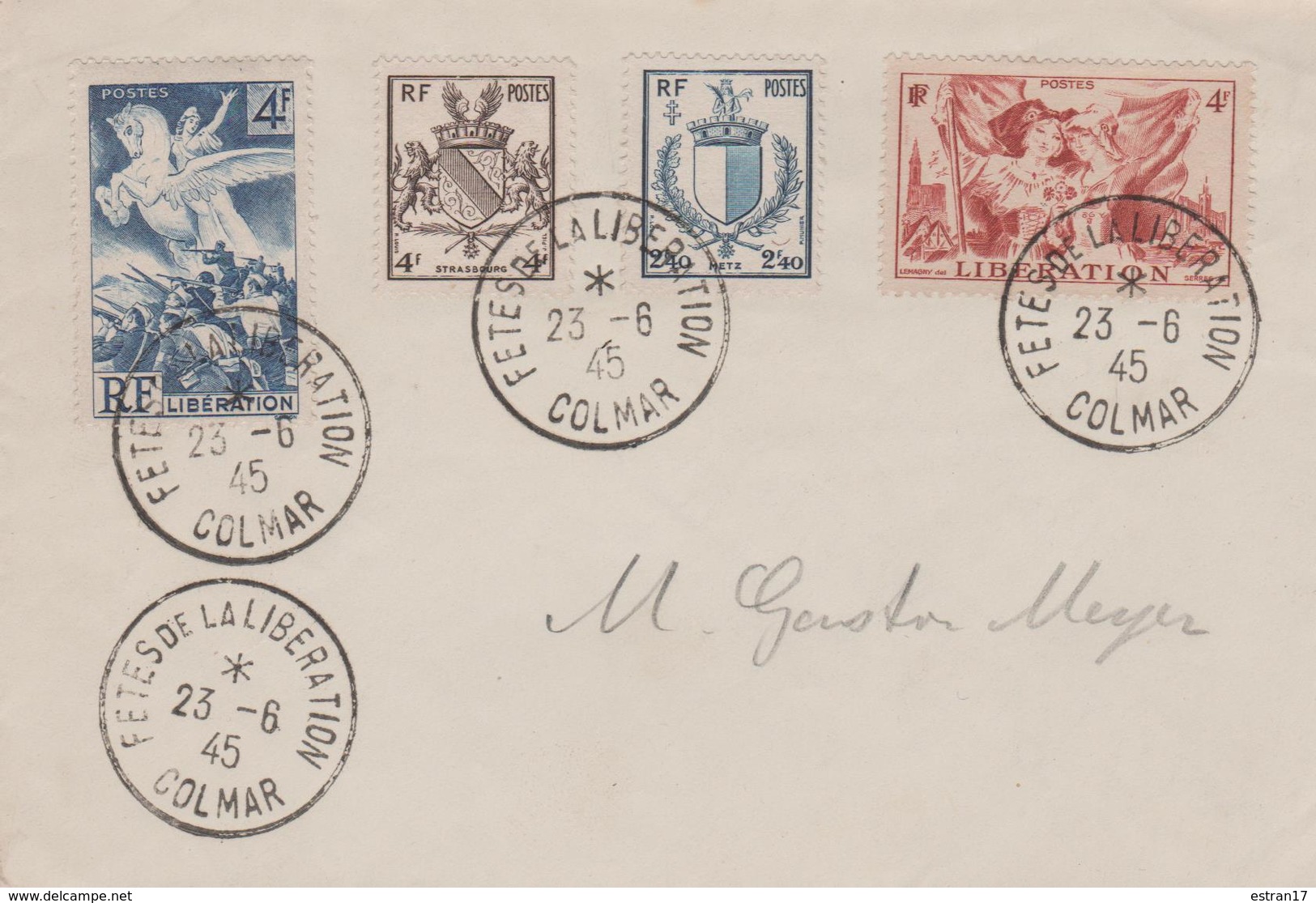 68 COLMAR 1945 OBLITERATION FETES DE LA LIBERATION SUR TIMBRES ( 4f, 4f, 2f40, 4f) - 1921-1960: Modern Period