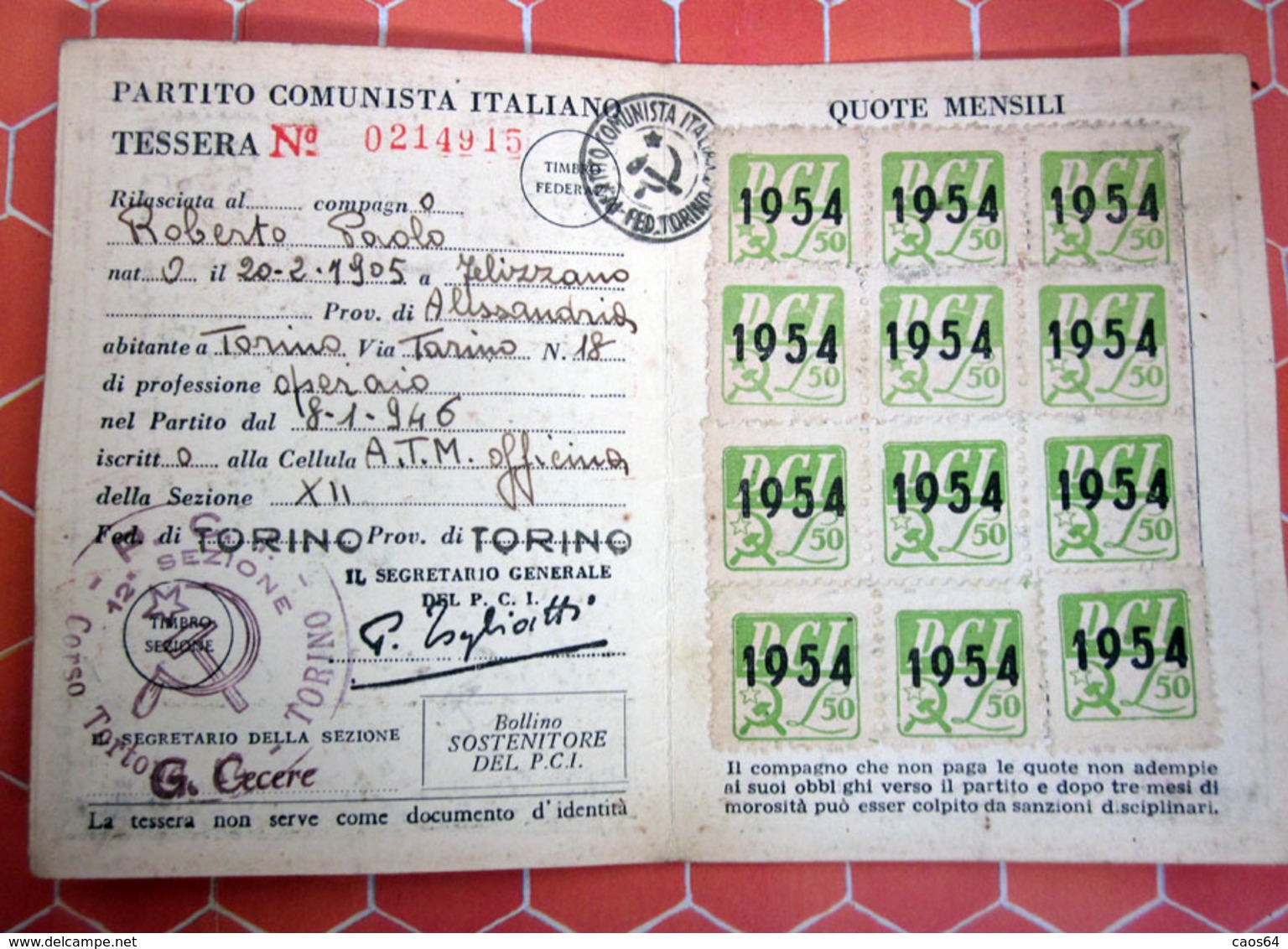 TESSERA PARTITO COMUNISTA ITALIANO 1954 TORINO CON BOLLINI - Cartes De Membre