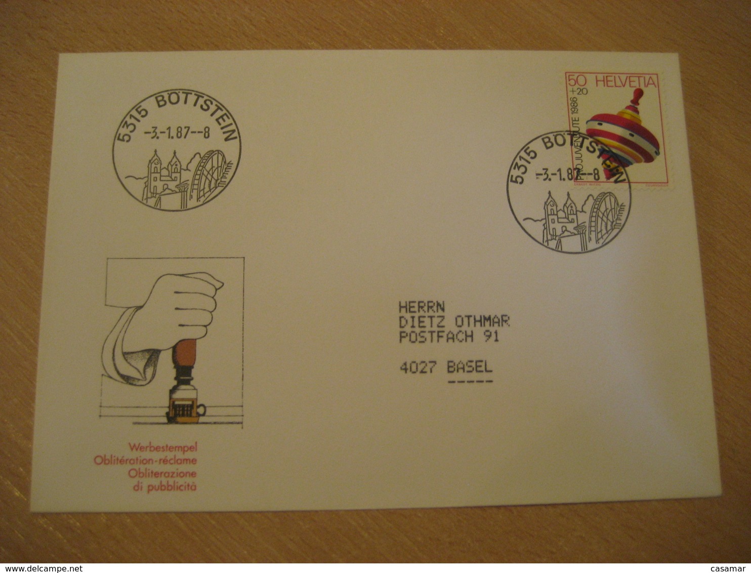 BOTTSTEIN 1987 Water Mill Watermill Wheel Cancel Cover Zurzach Aargau SWITZERLAND - Lettres & Documents