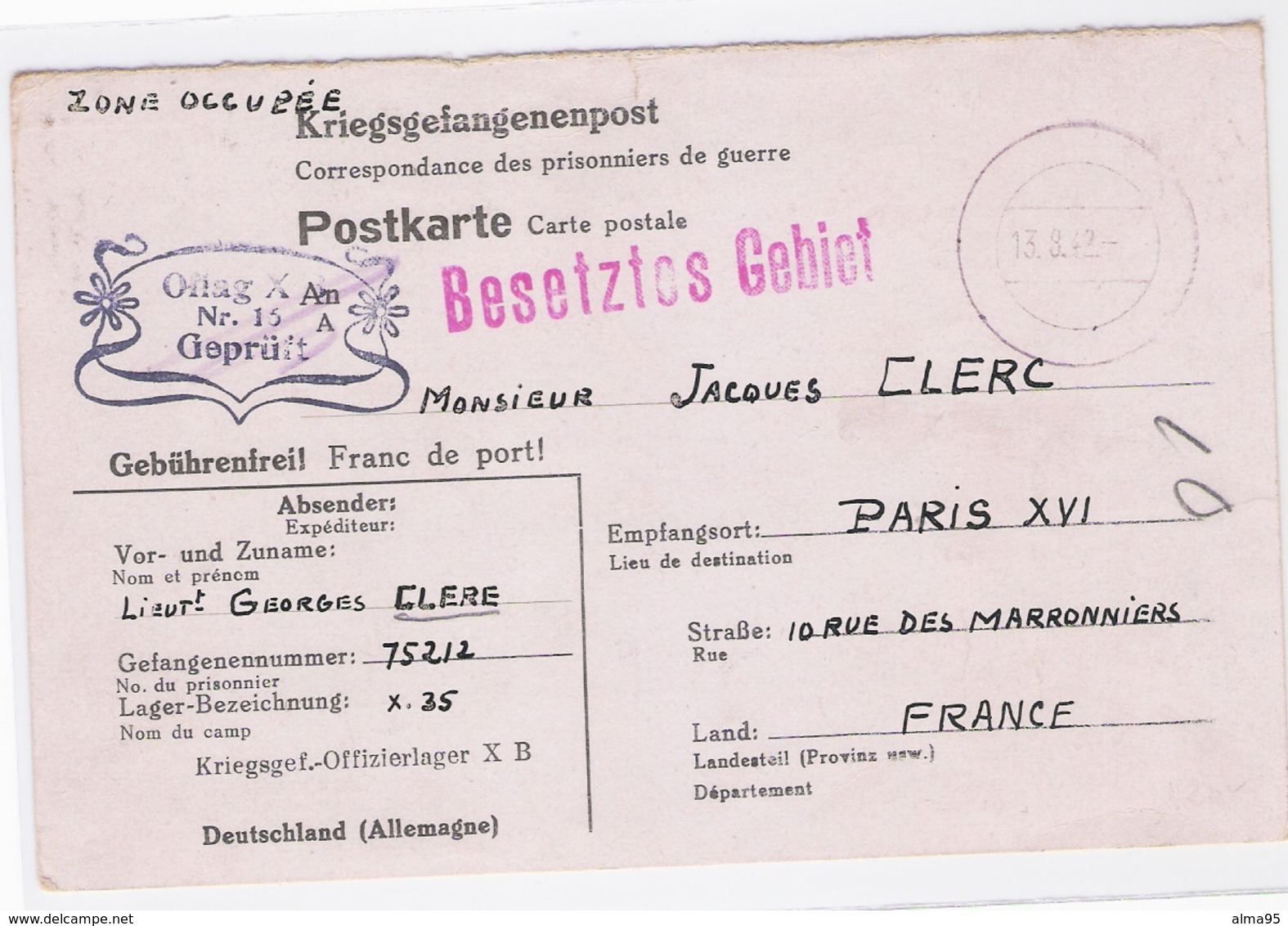 Correspondance Des Prisonniers De Guerre -  De Lieutenant Georges CLERE Prisonnier à  Jacques CLERE  PARIS  XVI èm - Unclassified