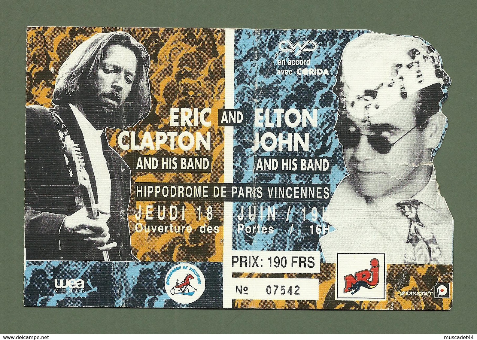 TICKET DE CONCERT ERIC CLAPTON ET ELTON JOHN HIPPODROME DE VINCENNES 18 JUIN 1992 - Concert Tickets