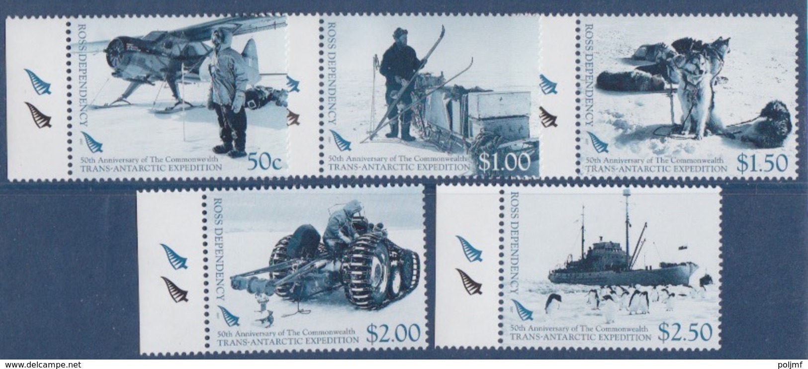 Ross, N° 110 à 114 (Cinquantenaire De L'expédition Trans-antarctique, Avion, Traineau, Chiens, Tracteur, Nav...) Neuf ** - Unused Stamps