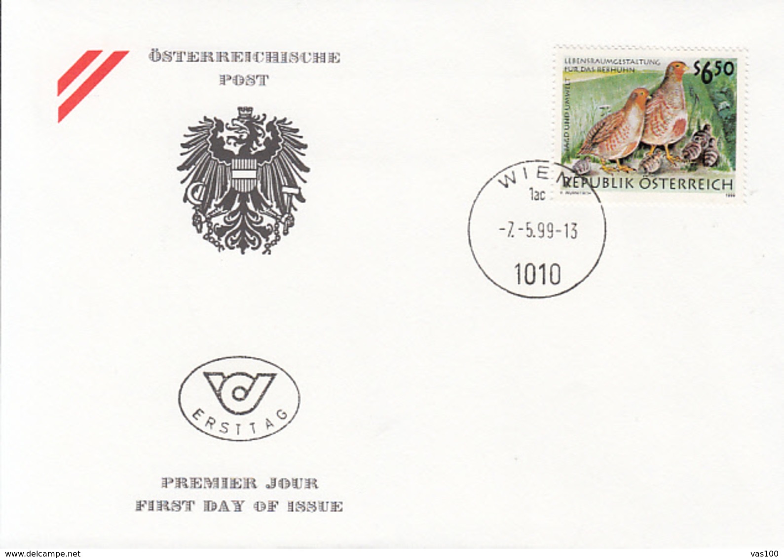 ANIMALS, BIRDS, GREY PARTRIDGE, HUNTING, COVER FDC, 1999, AUSTRIA - Perdiz Pardilla & Colín