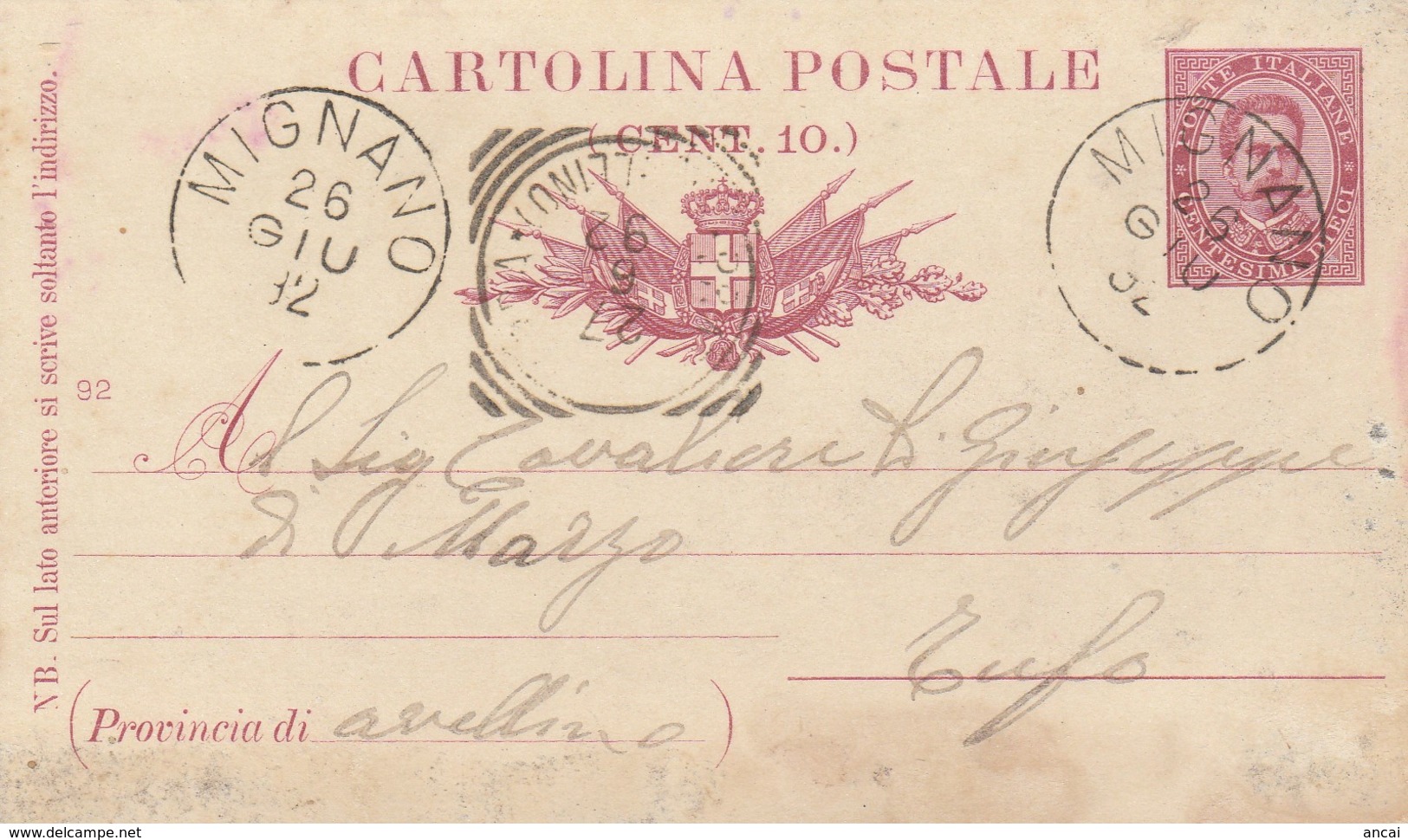 Mignano. 1892. Annullo Grande Cerchio MIGNANO, Su Cartolina Postale - Marcophilia