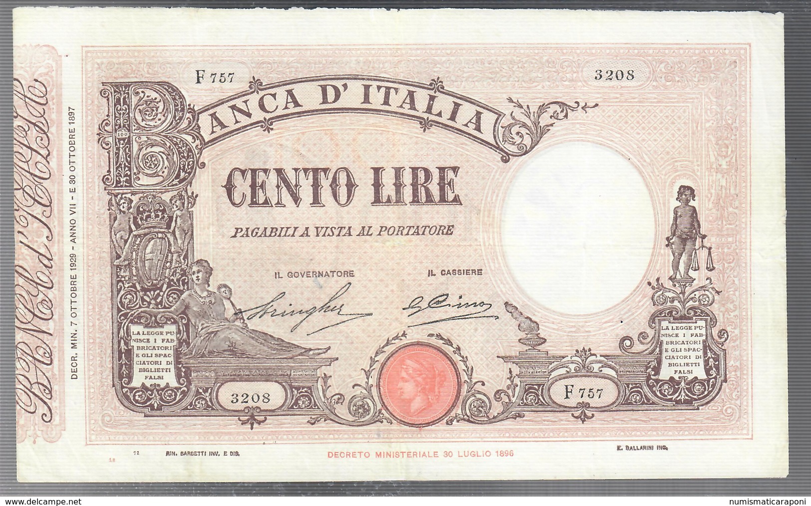 100 LIRE Barbetti Matrice Fascio 07 10 1929 Leggermente Pressato Foro Centrale E Taglietto Ricongiunto Q.bb  LOTTO 3244 - Italia – 5 Lire