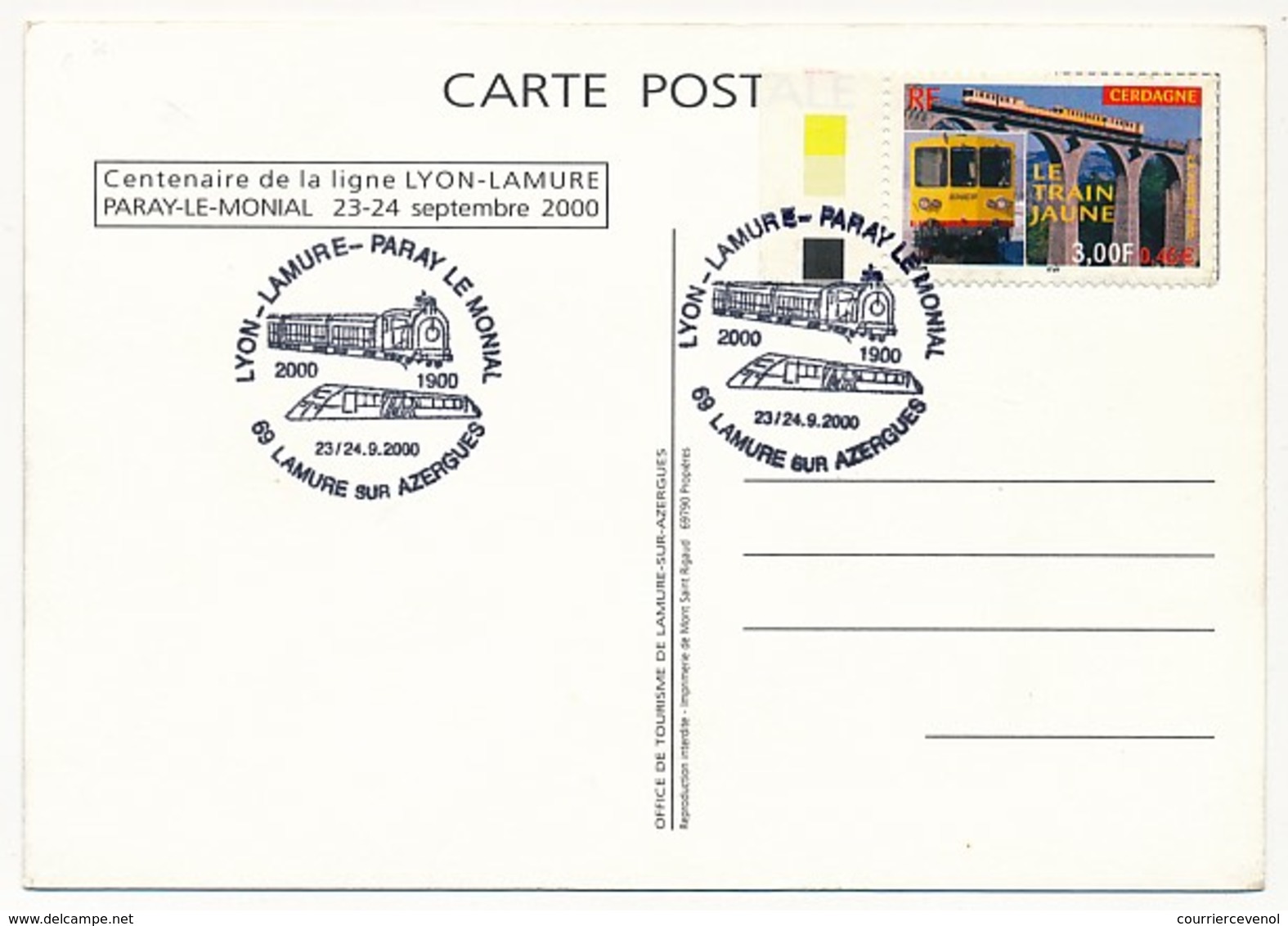 FRANCE - Cachet Temp "Lyon - Lamure - Paray Le Monial" - 69 LAMURE S/AZERGUES 23/9/2000 S/ CPM Repro D'ancien - Eisenbahnen