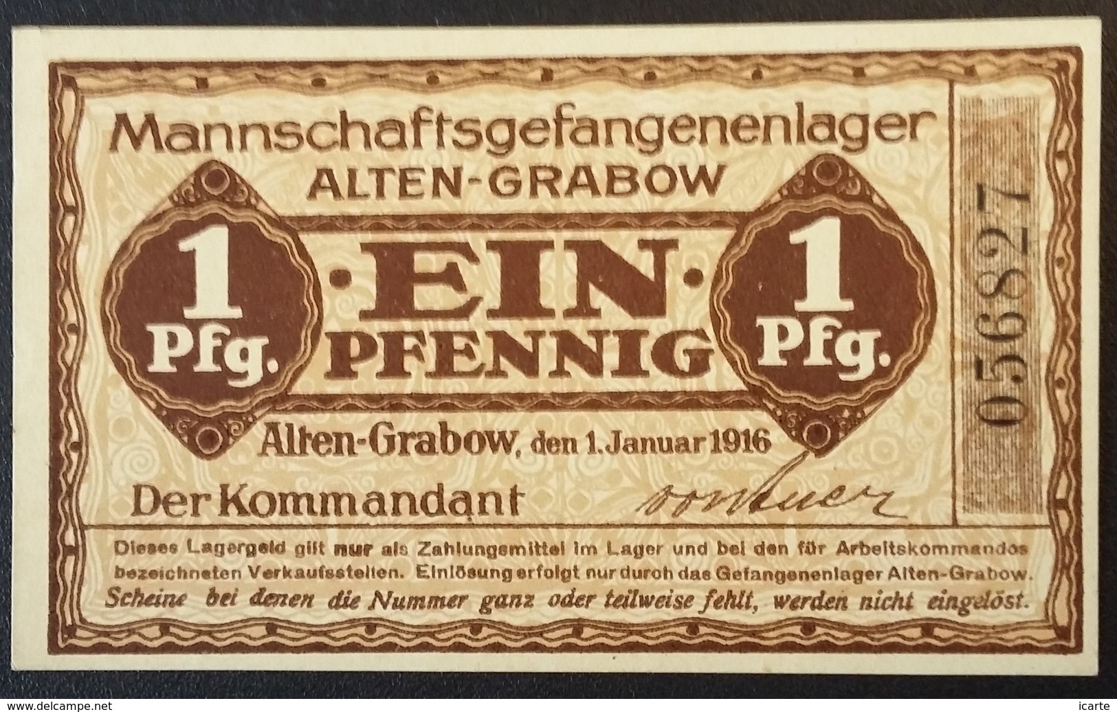 Billet 1 Pfennig LAGERGELD MONNAIE DE CAMP PRISONNIER DE GUERRE Kriegsgefangenenlager ALTEN-GRABOW - Andere & Zonder Classificatie