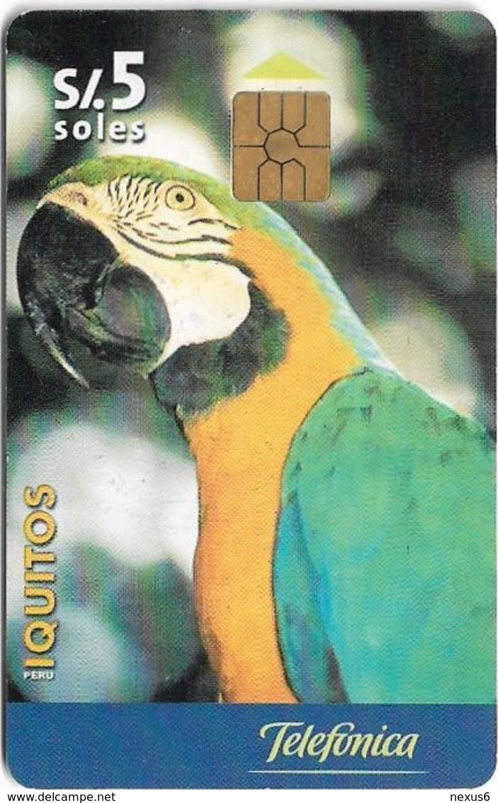 Peru - Telefónica - Iquitos, Parrot, Gem Not Symmetric Black, 5Sol, 150.000ex, Used - Peru