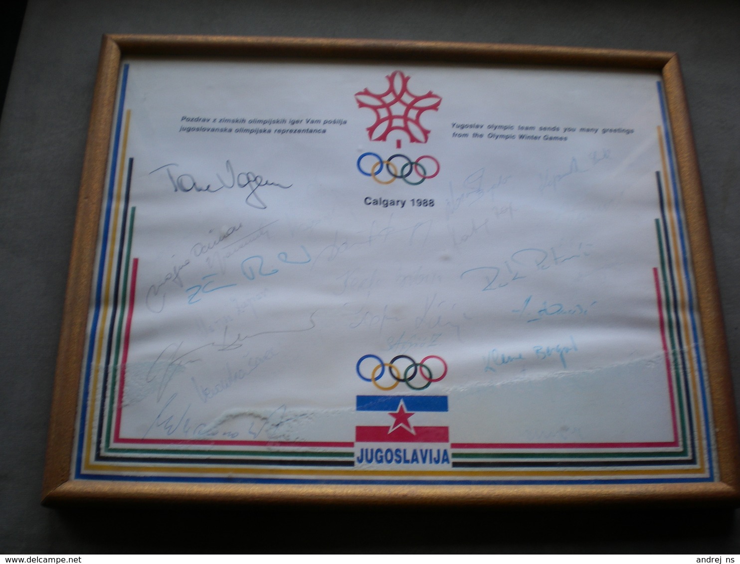 Signatures Authographs Calgary 1988 Yugoslav Olympic Team Sends You Many Greetings From The Plympic Winter Games - Handtekening