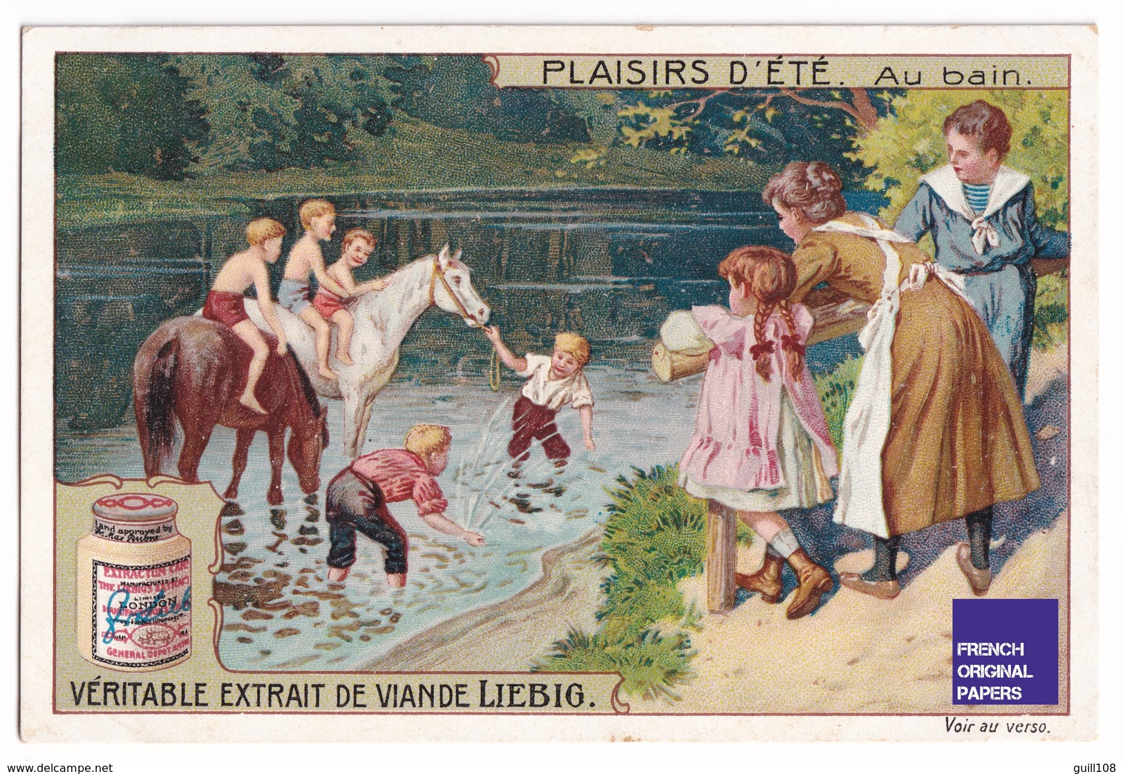 Jolie Chromo Liebig Circa 1910 Plaisirs D'été Le Bain équitation Cheval Summer Bath Horse Riding Edwardian Dress A34-90 - Liebig