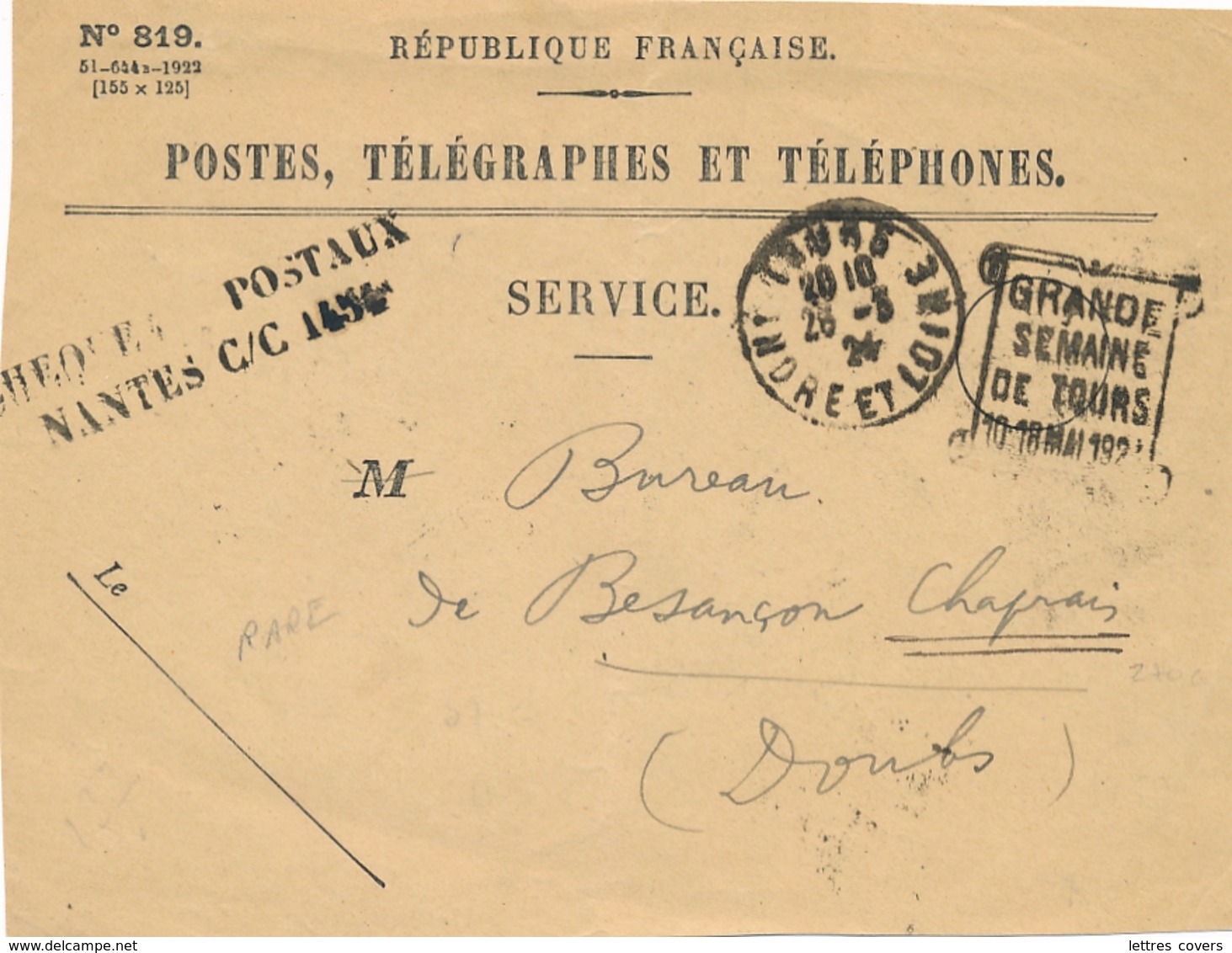 DAGUIN RARE " GRANDE SEMAINE DE TOURS 10-18 MAI 1924 " Indre Et Loire Sur DEVANT De Lettre PTT Cheques Postaux Nantes - Mechanical Postmarks (Other)