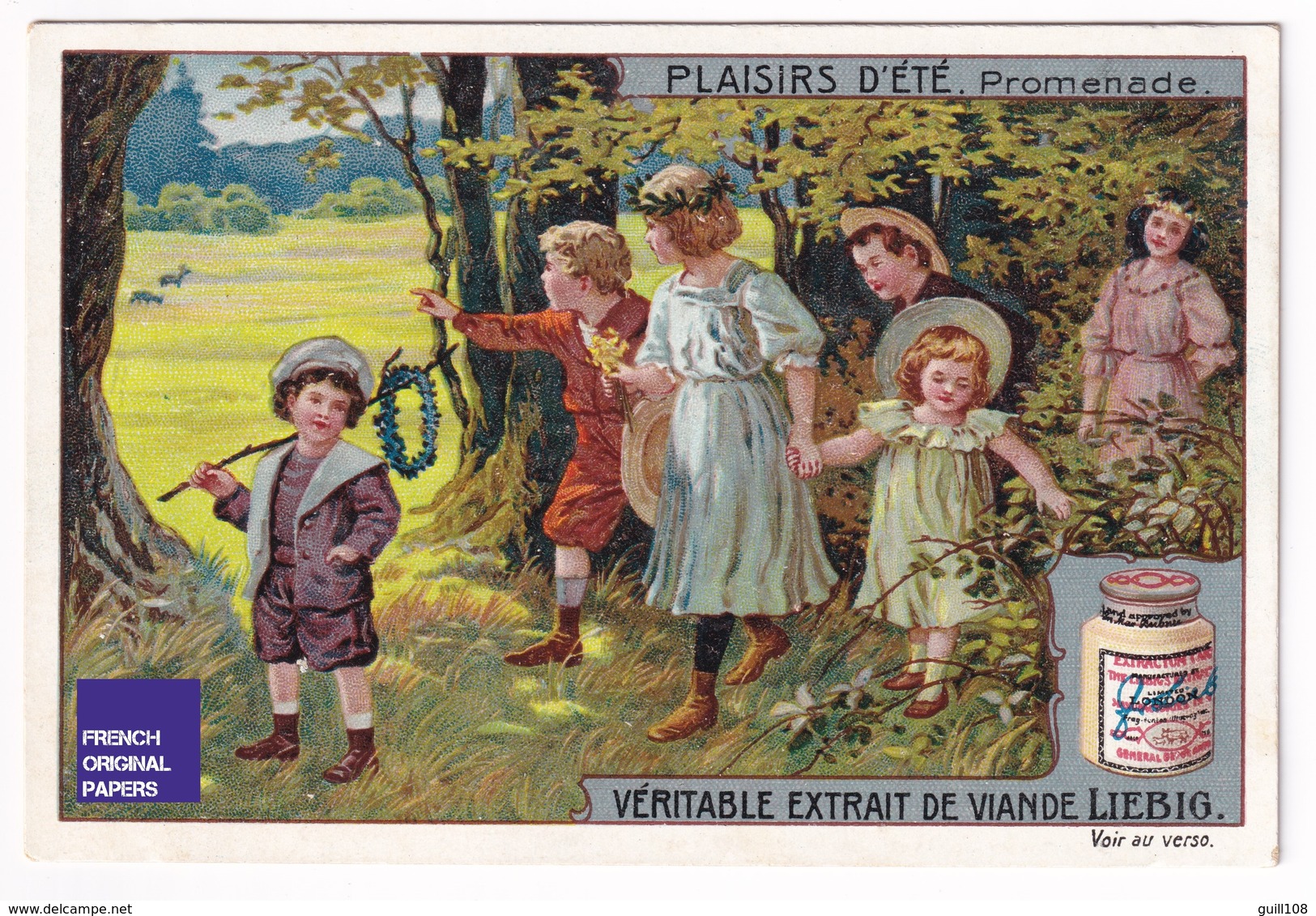 Jolie Chromo Liebig Circa 1910 Plaisirs D'été Promenade Forêt Fille Robe - Victorian Trade Card Summer Edwardian A34-92 - Liebig