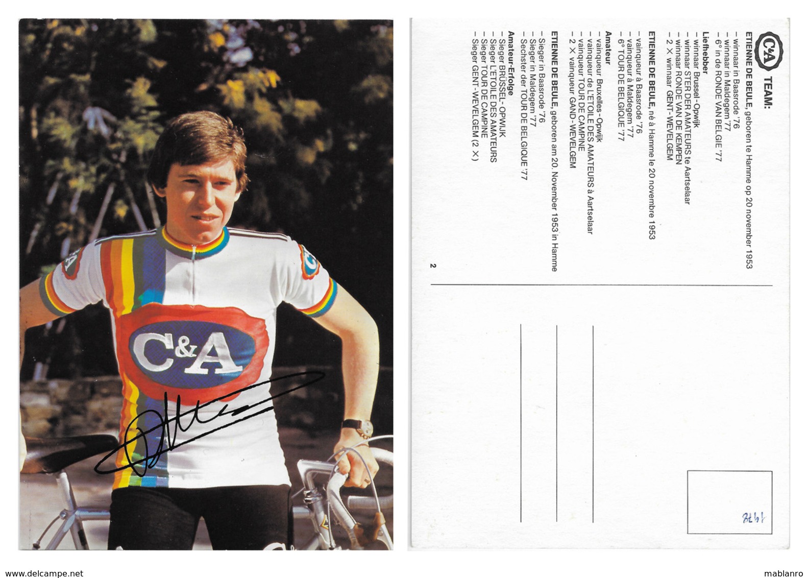 CARTE CYCLISME ETIENNE DE BEULE TEAM C&A 1978 - Cycling