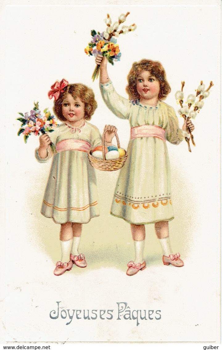 Joyeuses Paques 2 Jeunes Filles Avec Des Fleurs Carte Embossée - Pasen