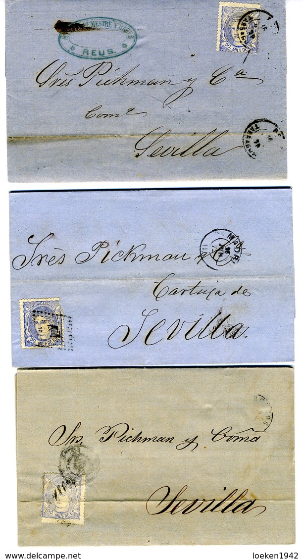 ESPAÑA 1870/2  3 CARTAS   50 MILS N°107 Desde BURGOS REUS MADRID  Hasta SEVILLA   LC 56 - Briefe U. Dokumente