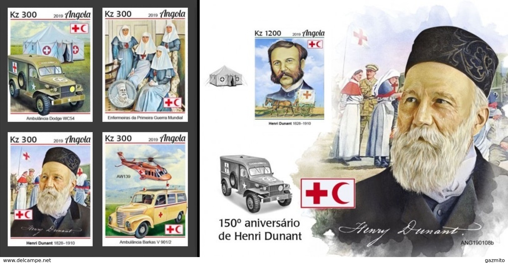 Angola 2019, Red Cross, Dunandt, Cars, 4val In BF +BF IMPERFORATED - Henry Dunant