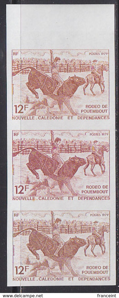 NEW CALEDONIA (1979) Bull Rider. Trial Color Proofs In Strip Of 3. Pouembout Rodeo. Scott No 450, Yvert No 433. - Sin Dentar, Pruebas De Impresión Y Variedades