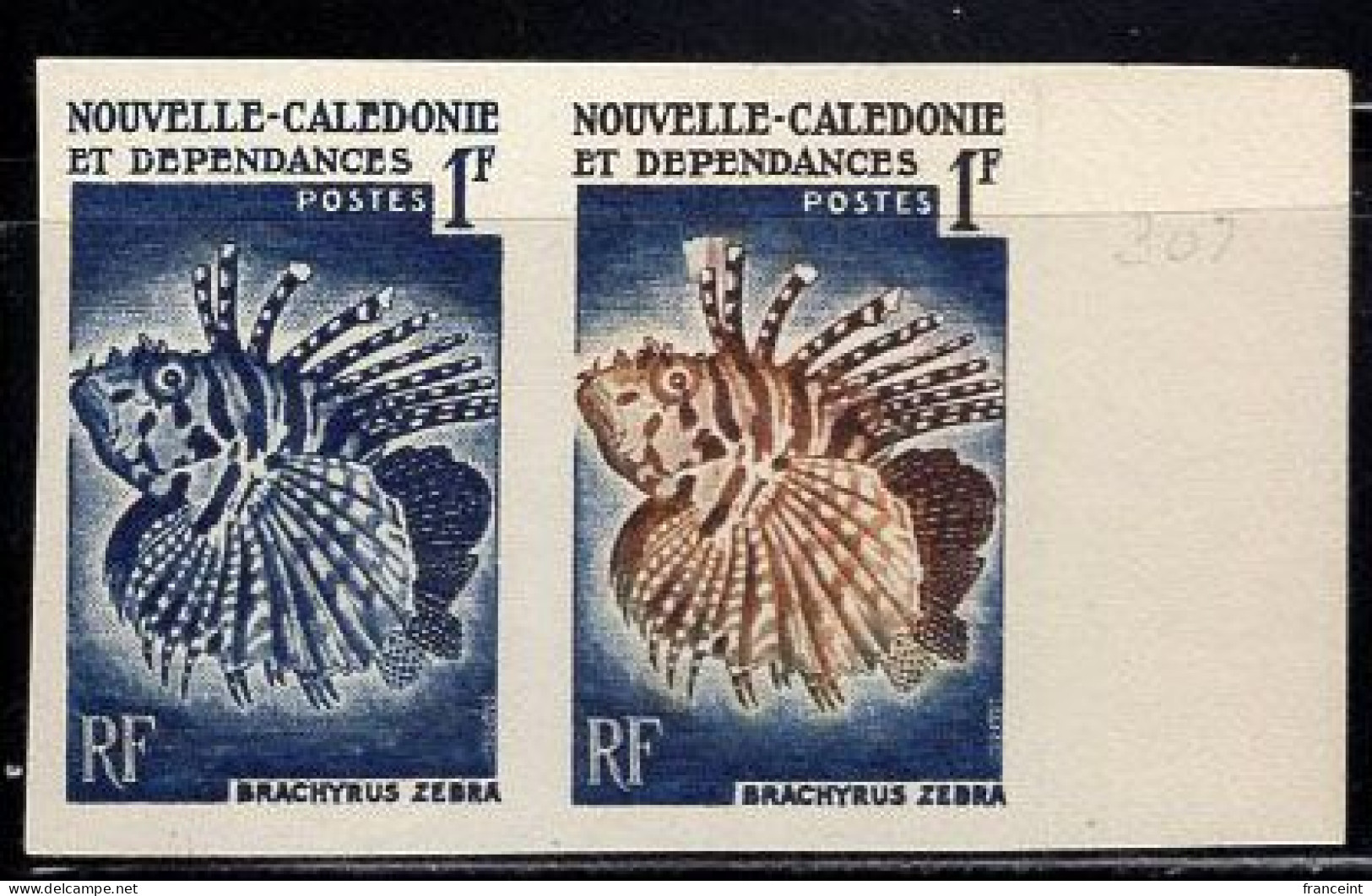NEW CALEDONIA (1959) Brachyrus Zebra Fish. Trial Color Proof Pair. Scott No 307. Yvert No 291. - Sin Dentar, Pruebas De Impresión Y Variedades