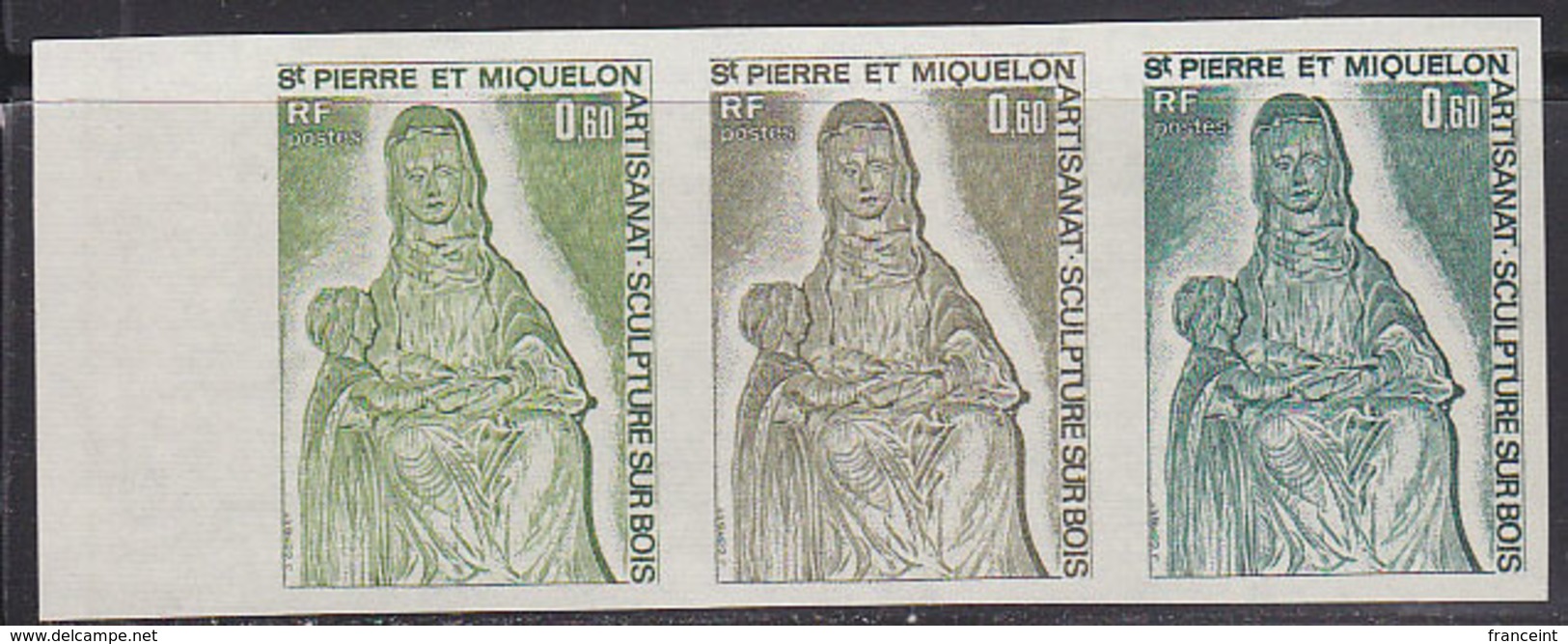 ST. PIERRE & MIQUELON (1975) St. Anne & Baby Mary. Trial Color Proof Strip Of 3. Scott No 442, Yvert No 444. - Sin Dentar, Pruebas De Impresión Y Variedades