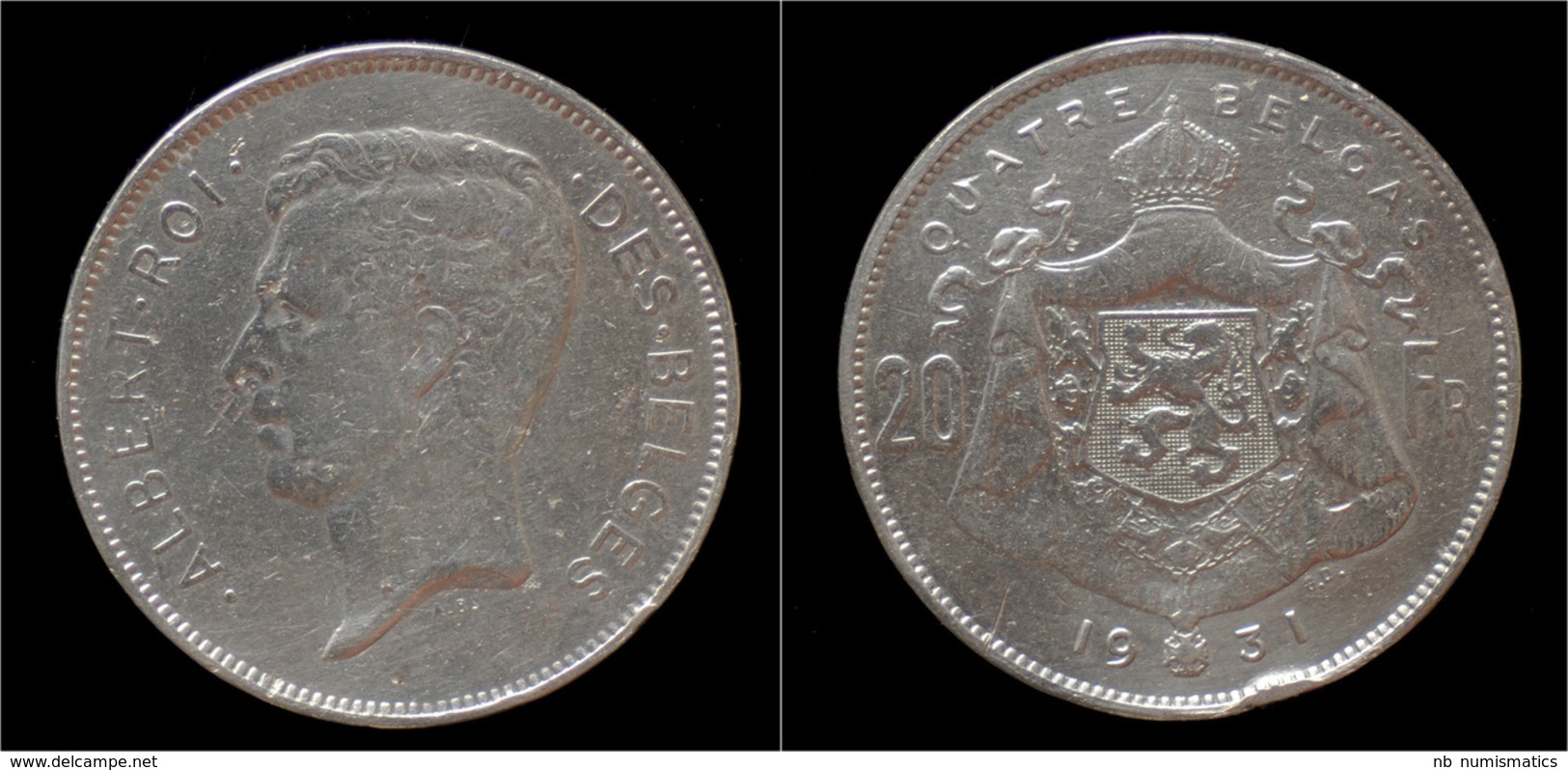 Belgium Albert I 20 Frank (4belga) 1931FR-pos A - 20 Francs & 4 Belgas