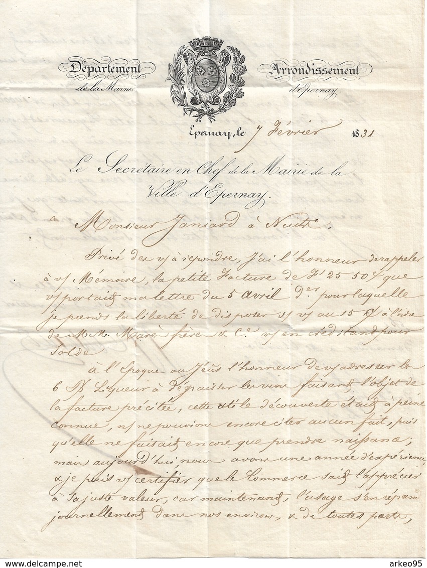 Lettre Du Maire D'Epernay, 7/2/1831 Avec Bel En-tête - Historical Documents