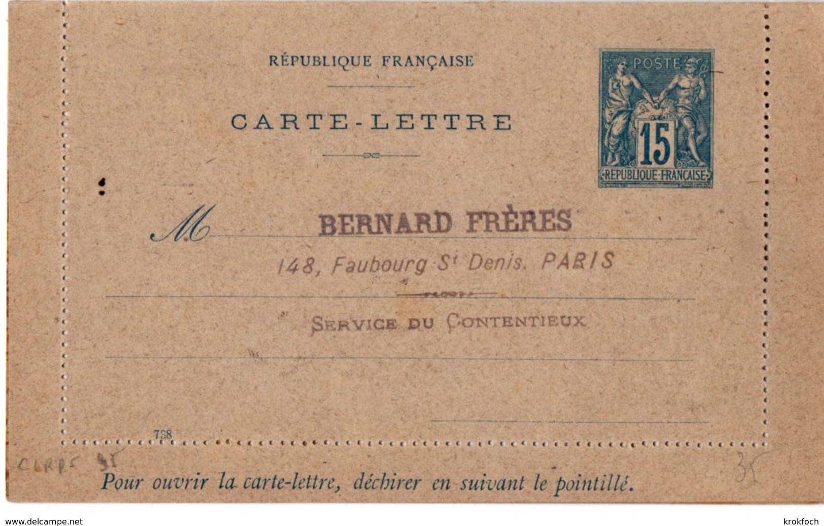 Carte-lettre Sage15 Cts Avec Date 788 - Sinais J 26 - Cote 10 € - Cachet Bernard Frères - Letter Cards