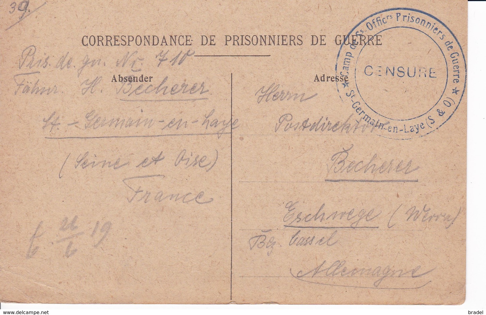 Carte Franchise Militaire Camp Sous Officiers Prisonniers Guerre De Saint Germain En Laye Kriegsgefangenensendung - Lettres & Documents