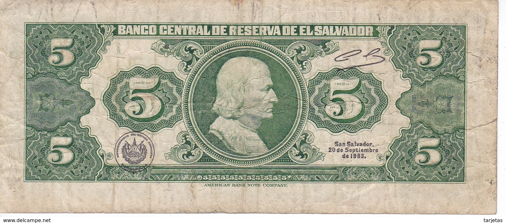 BILLETE DE EL SALVADOR DE 5 COLONES DEL AÑO 1983 DE CRISTOBAL COLON   (BANKNOTE) - El Salvador