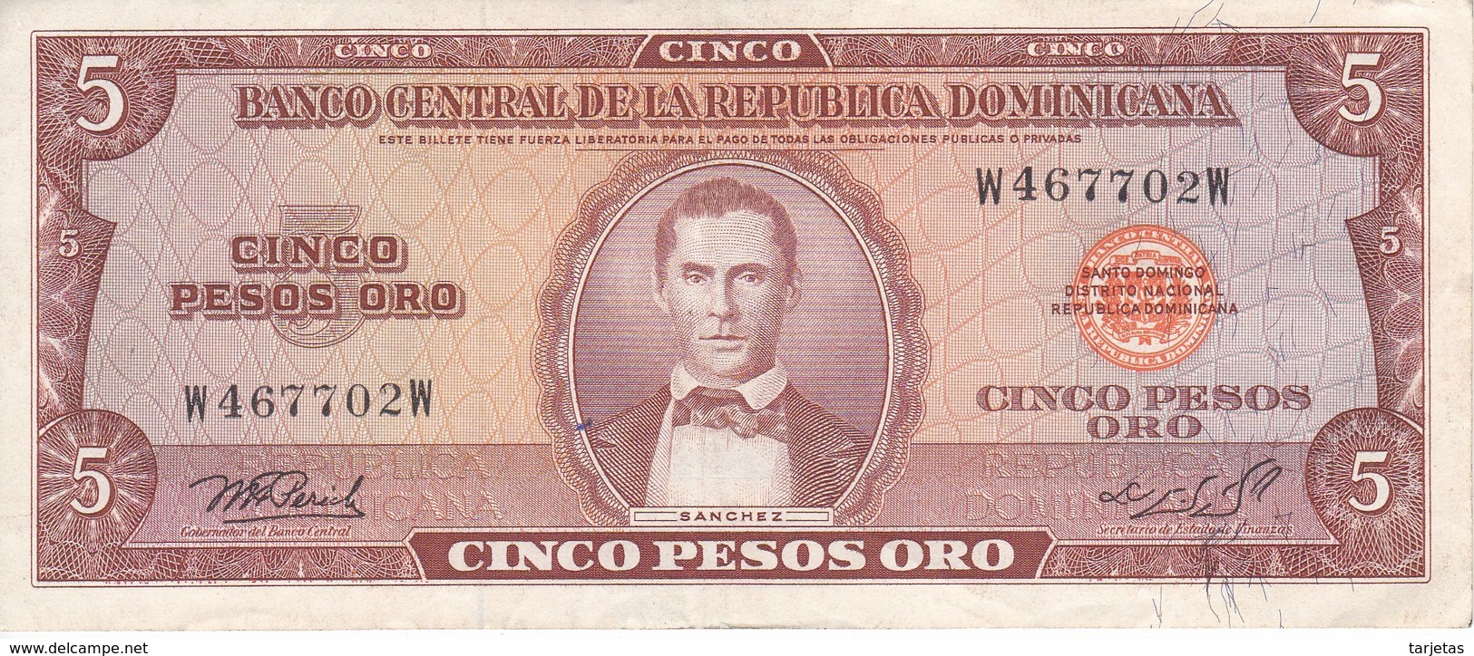 BILLETE DE LA REPUBLICA DOMINICANA DE 5 PESOS ORO DEL AÑO 1976 CALIDAD EBC (XF)  (BANKNOTE) - Dominikanische Rep.