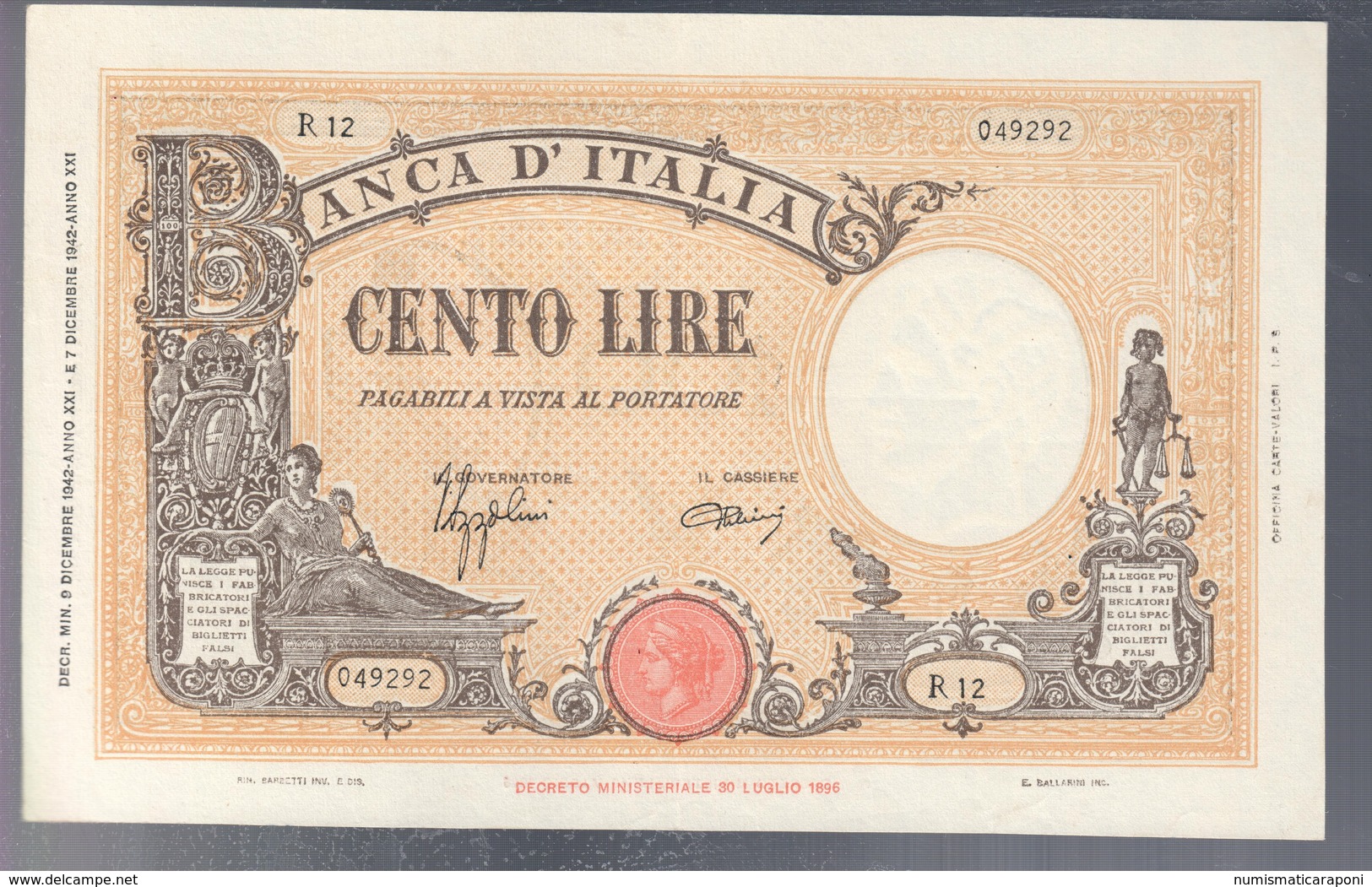 100 Lire Grande B Fascio 09 12 1942 Bel Spl/sup Leggermente Pressato LOTTO 3248 - 100 Liras