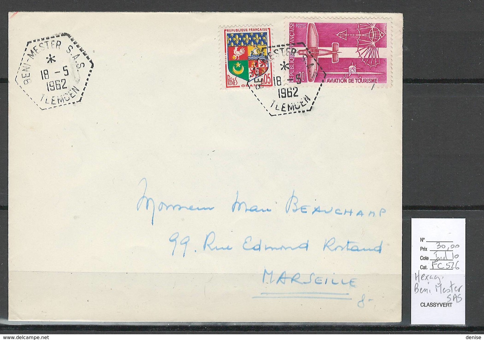 Algerie - Lettre  - Cachet Hexagonal BENI MESTER SAS -  Marcophilie - Covers & Documents