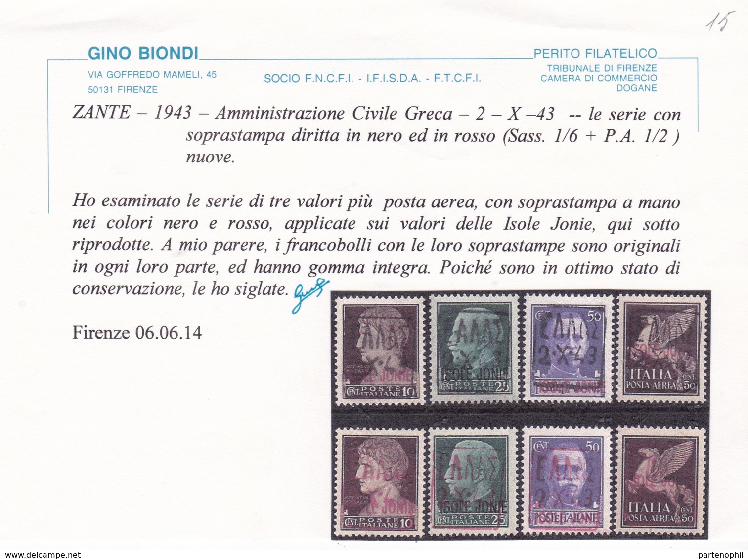 451 **  Zante 1943 – F.lli Delle Isole Jonie Soprastampati N. 1/6+p.a.1/2. Cert. Biondi. MNH - Occup. Tedesca: Zante