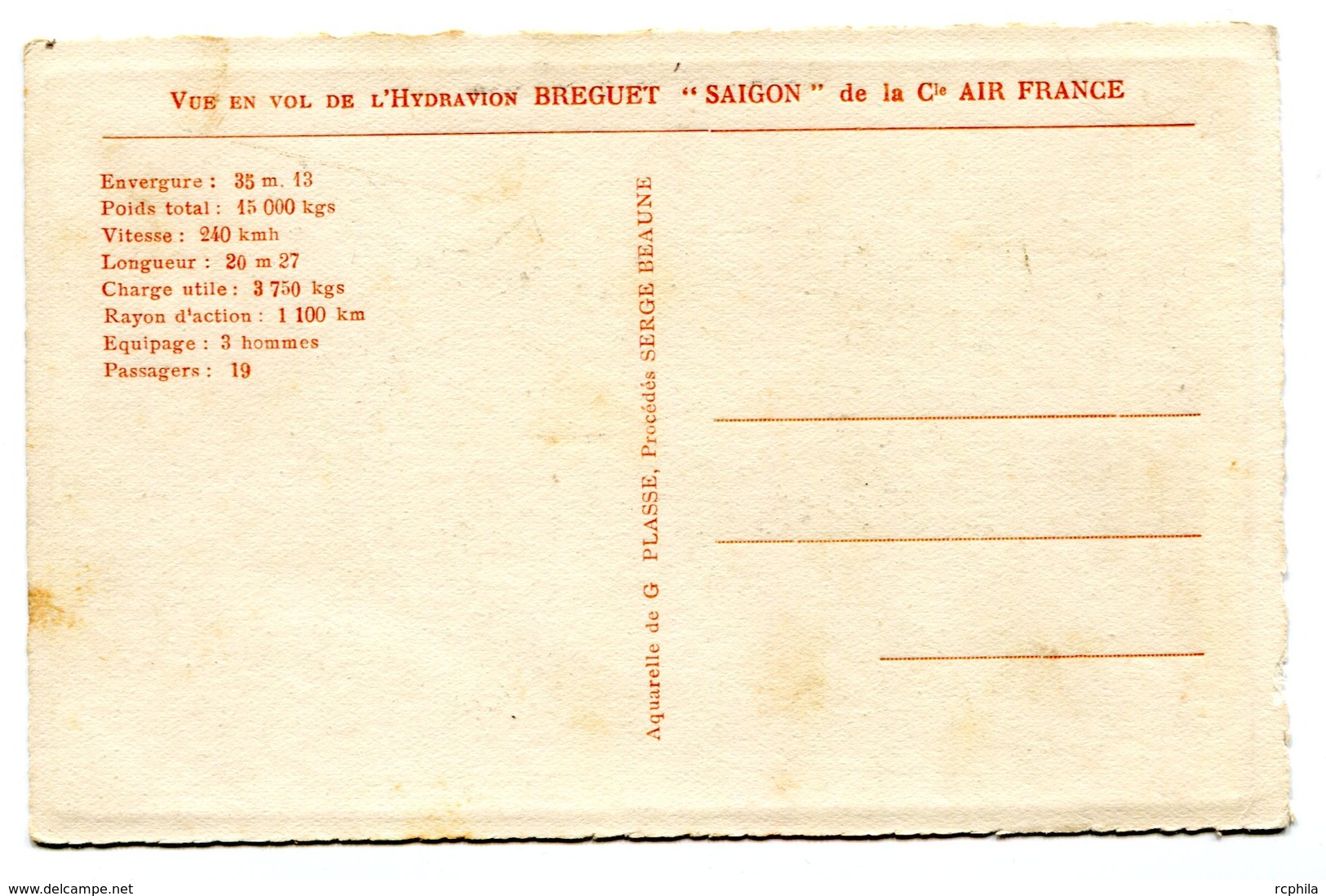 RC 17315 FRANCE CARTE PUBLICITAIRE AIR FRANCE REPRÉSENTANT UN HYDRAVION BREGUET SAIGON ANNÉE 30  - NEUVE - 1960-.... Lettres & Documents