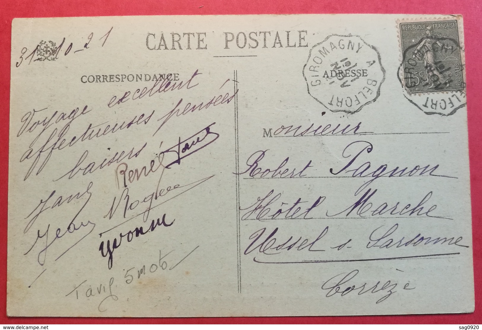Carte Avec Cachet Convoyeur GIROMAGNY A BELFORT - 1921-1960: Periodo Moderno