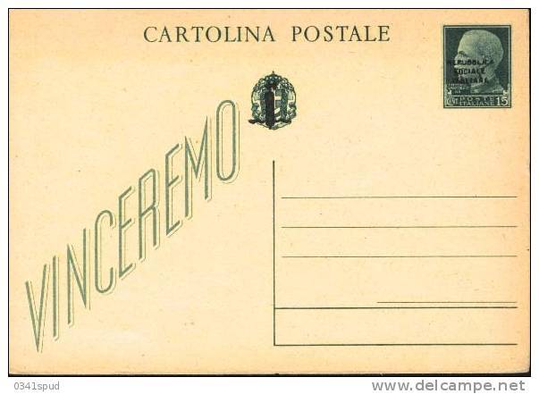 Italia Gennaio 1944   RSI  Cartolina  Postale Vinceremo 15 Cent. - Interi Postali