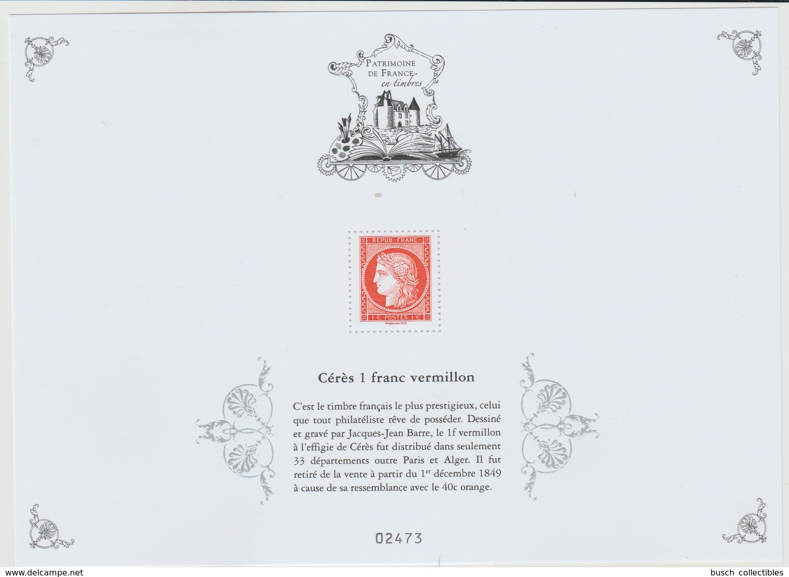 France 2019 Patrimoine De France Bloc " Cérès 1 Franc Vermillon " Tirage 10 000 Numérotés RARE ! ** - Mint/Hinged