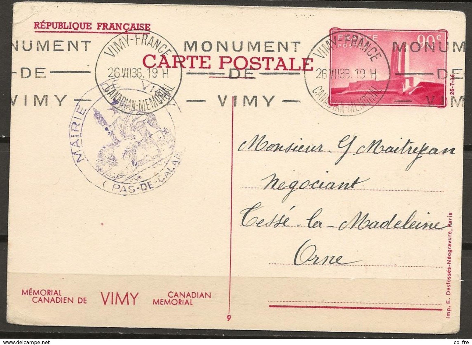 France, Entier Postal "Mémorial Canadien De Vimy" 90c. Rouge - Cartoline Postali E Su Commissione Privata TSC (ante 1995)