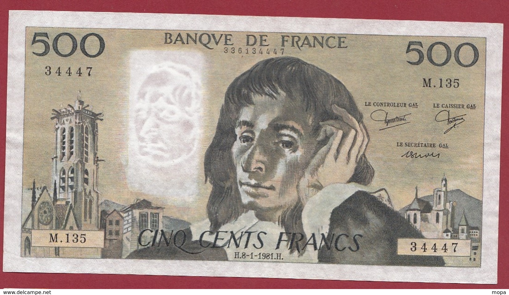 500 Francs "Pascal" Du 08/01/1981.H----TTB+--ALPH.M.135--1 TROU D EPINGLE - 500 F 1968-1993 ''Pascal''