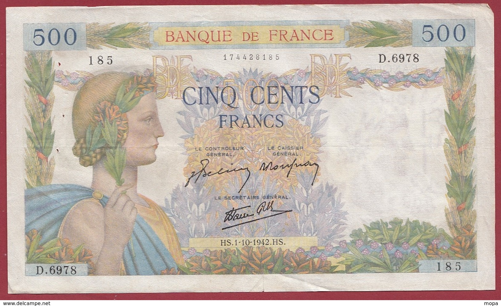 500 Francs "La Paix" Du 01/10/1942.HS----TTB--ALPH.D.6978 - 500 F 1940-1944 ''La Paix''