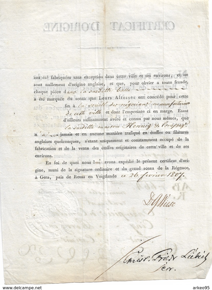 Certificat D'origine Locale Pour Des Tissus, émis Par La Principauté De Reuss, 26/2/1807 - 1800 – 1899