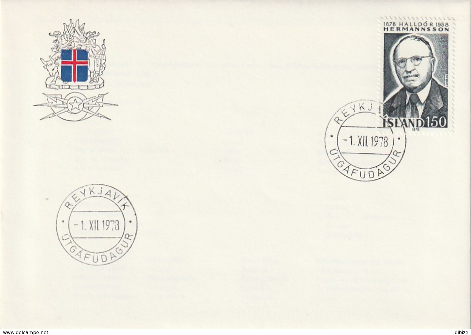 Iceland. 1st Day Cover. 1978. The 100th Anniversary Of The Birth Of The Writer Halldòr Hermannsson. - Ecrivains