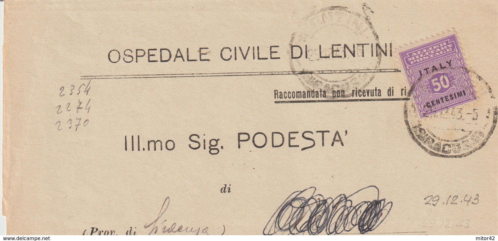 94-AMGOT-Occupazione Alleata Sicilia-Uso 1943-50c-da Lentini A Siracusa - Occ. Anglo-américaine: Sicile