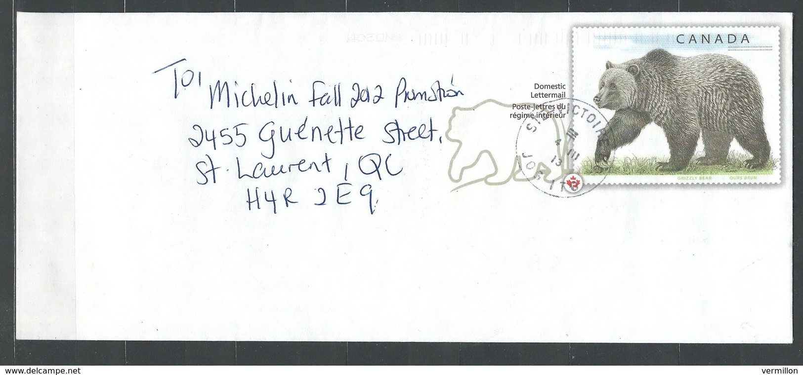 FZ-/-001-- CANADA - LETTRE REGIME INTERIEUR - GRIZZLY BEAR En ENTIER POSTAL REELLEMENT CIRCULE - DATE = 22/03/2013, TTB - Gebraucht