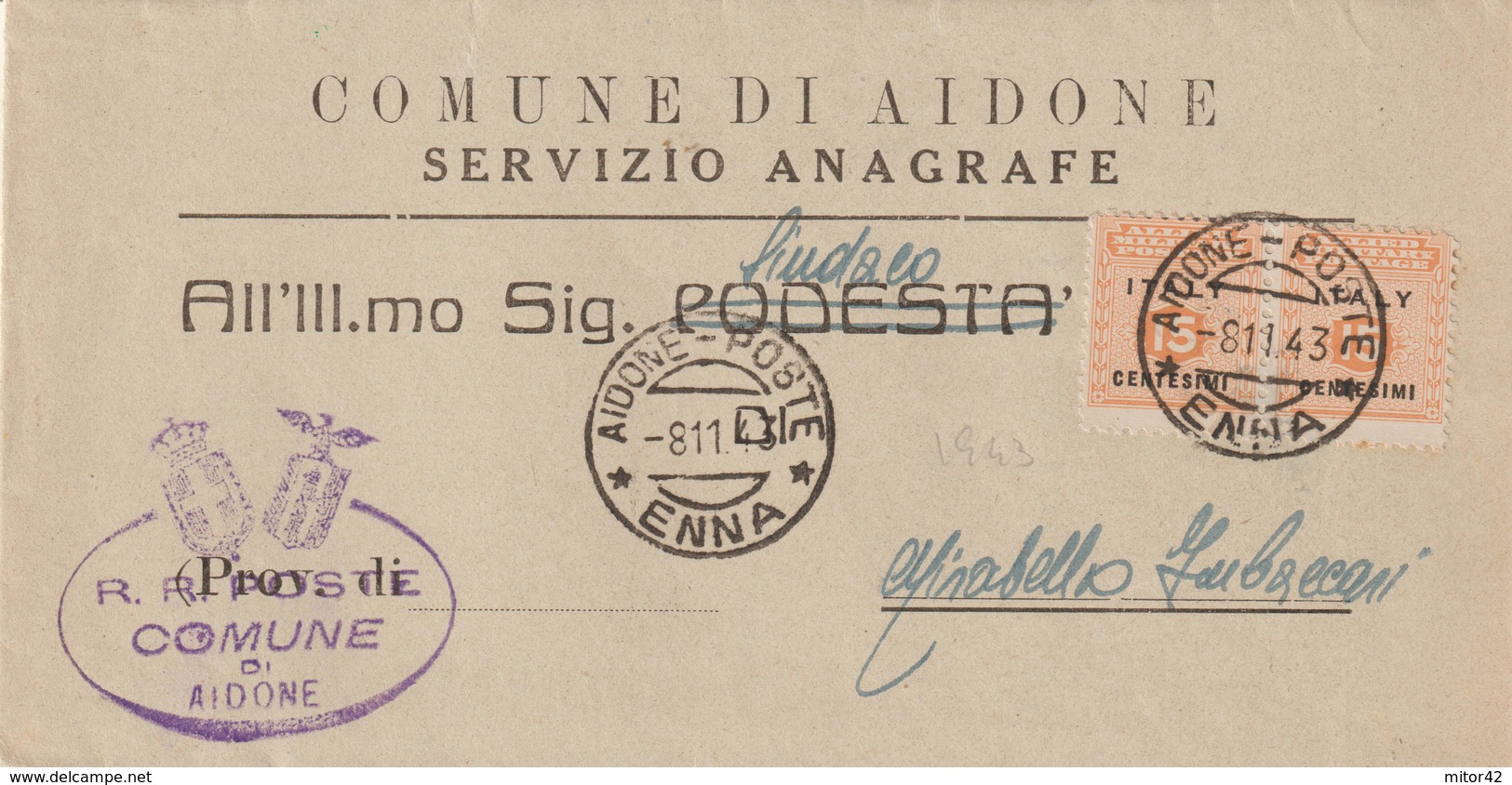85-AMGOT-Occupazione Alleata Sicilia-Uso 1943-15cx2-Aidone-Enna A Mirabella Imbaccari - Anglo-american Occ.: Sicily