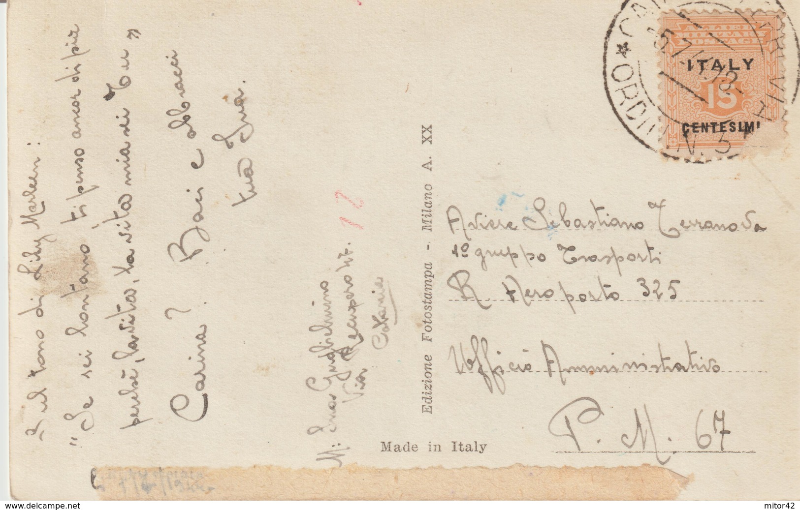 78-AMGOT-Occupazione Alleata Sicilia-15c Cartolina "Coppiette"-Catania A P.M.67 - Occ. Anglo-américaine: Sicile